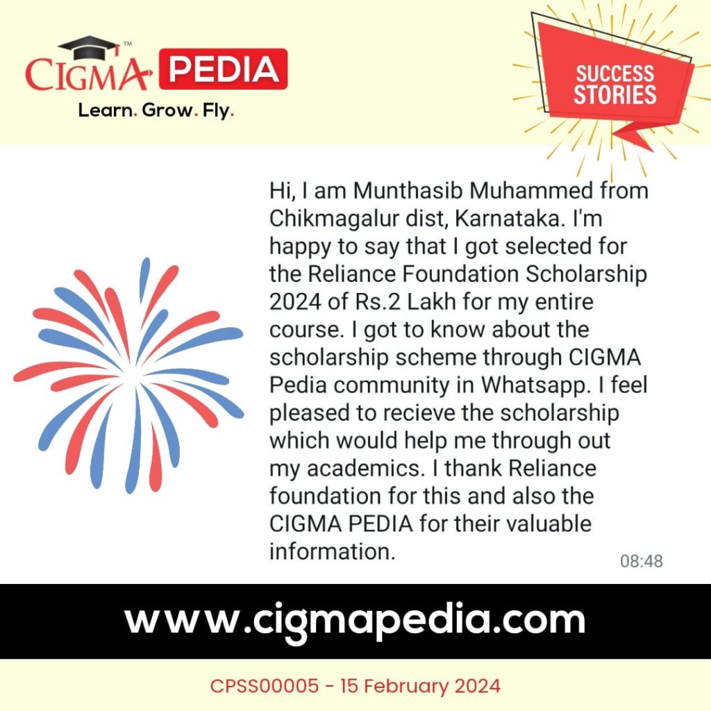 Success story of Muthasib Muhammed from Chikmagalur - CIGMA Pedia -Reliance Foundation Scholarship