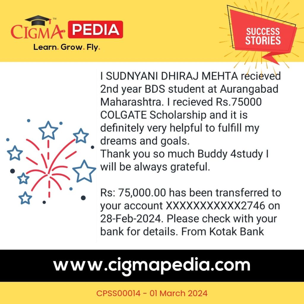 Success story of Sudnyani Dhiraj Mehta 2nd year BDS Student - CIGMA Pedia -Colgate Keep India Smiling Scholarship